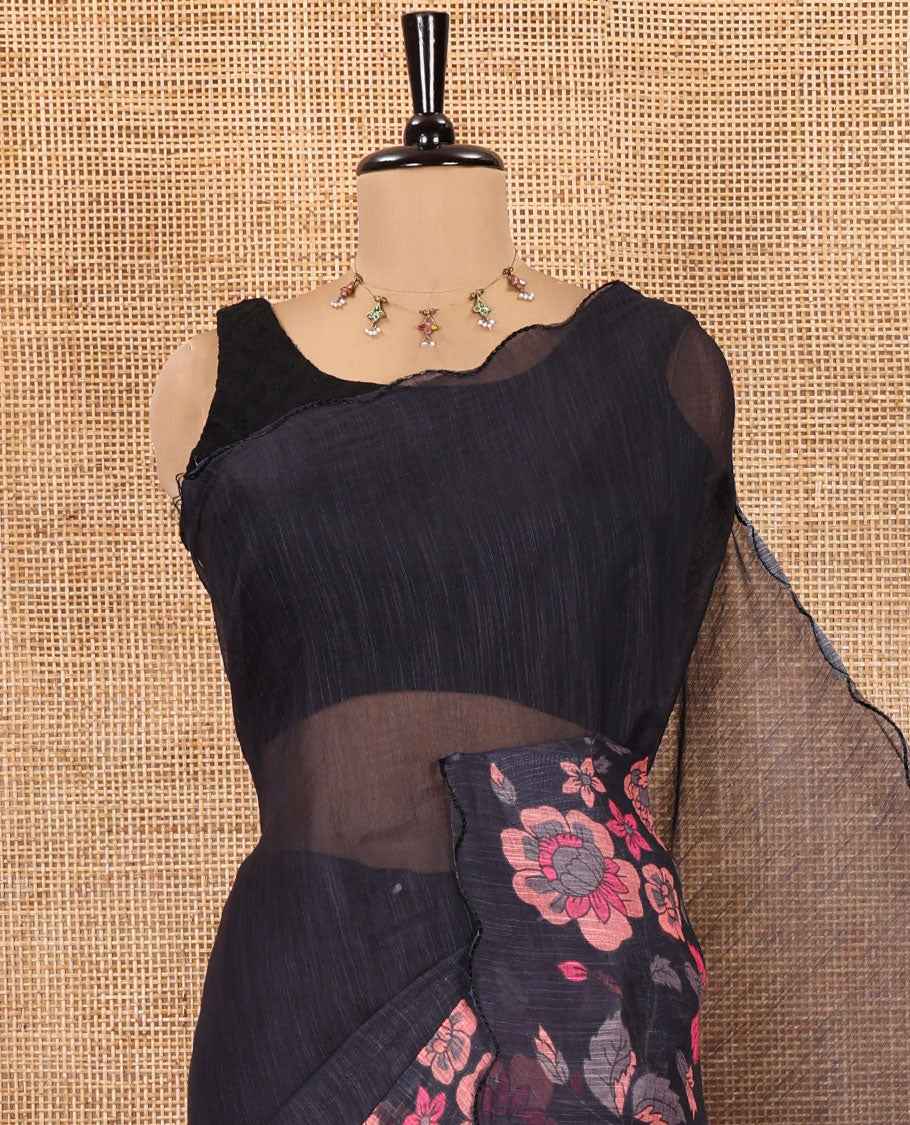 Black Plain Linen Cotton Saree, a Floral Printed Scallop Border, Printed Pallu, and a Matching Blouse