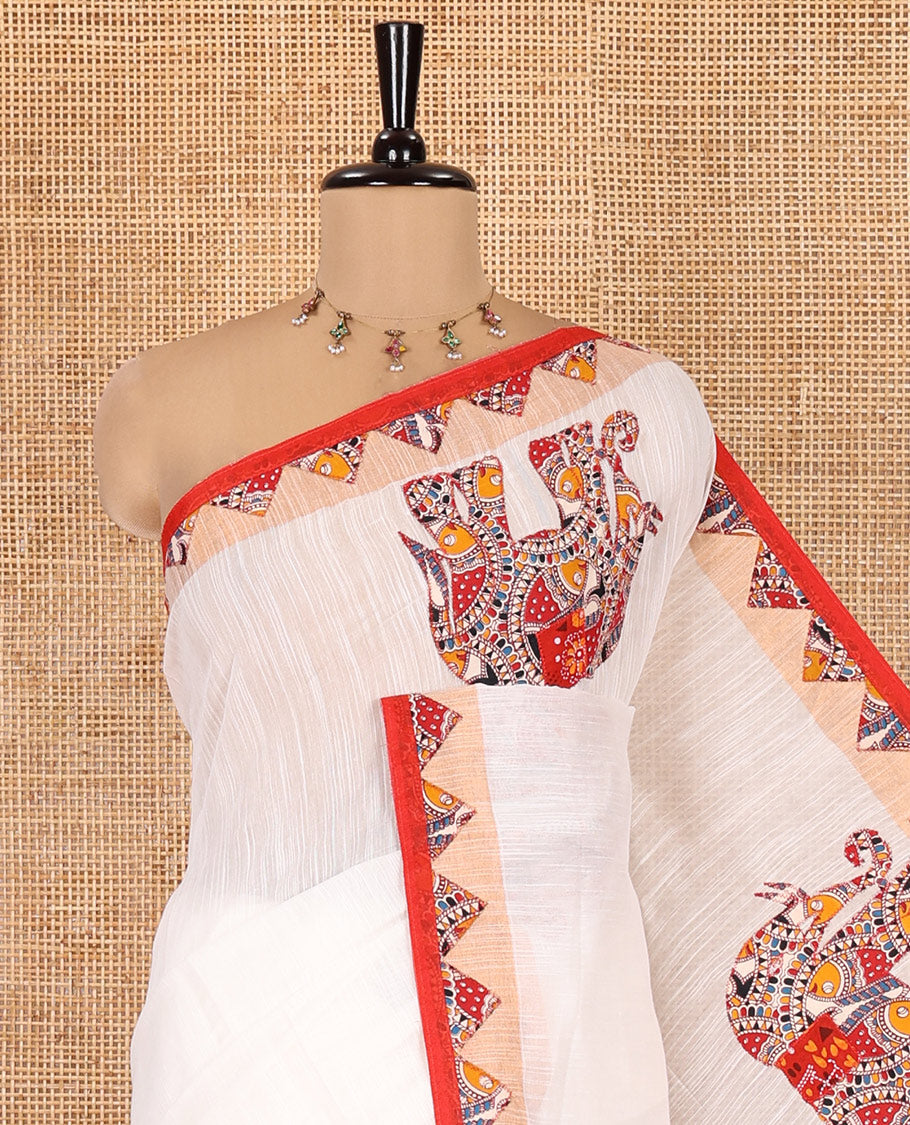 White-Red Khadi Linen Saree, Artfully Crafted with Elephant Appliqué Work, Contrast Temple Appliqué Border and a Plain Blouse