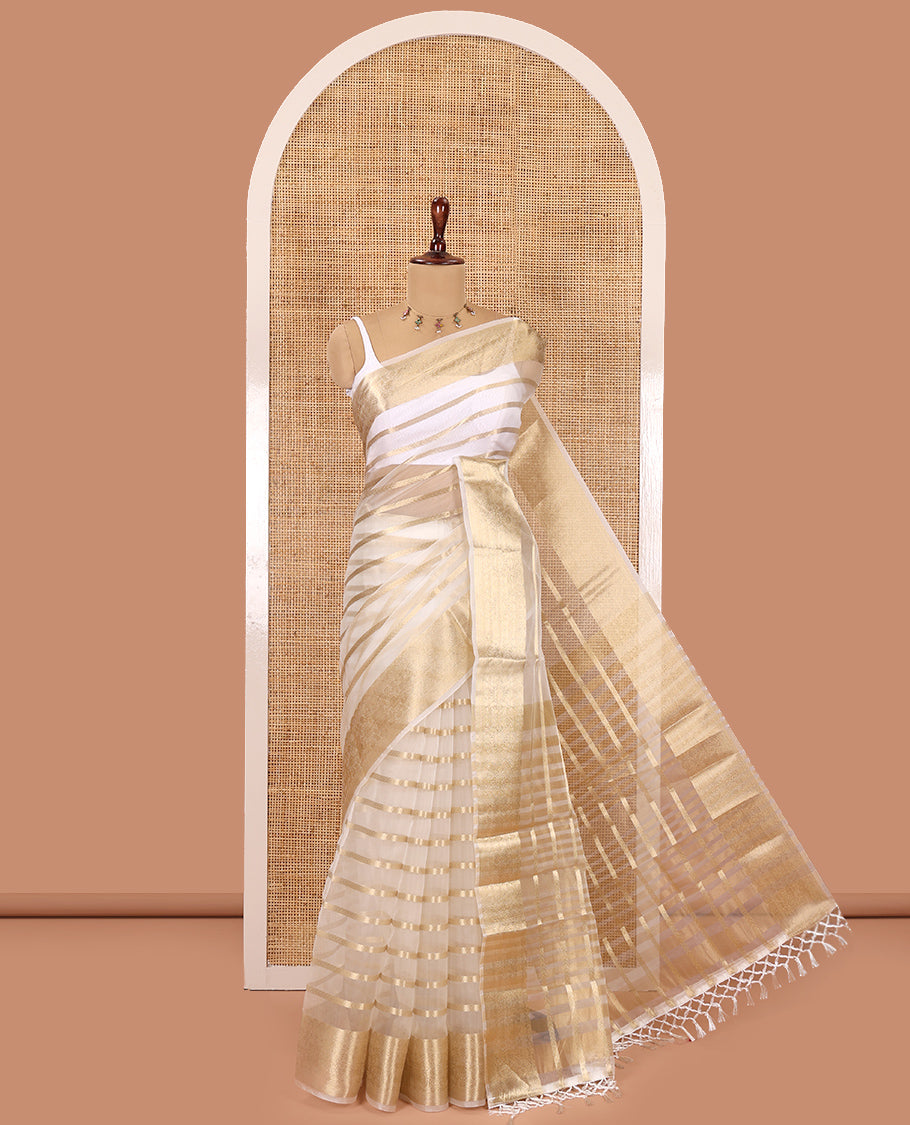 Cream Semi-Organza Saree, Boldly Accentuated with Zari Stripes, Highlighted by a Zari Traditional Border, and a Matching Blouse