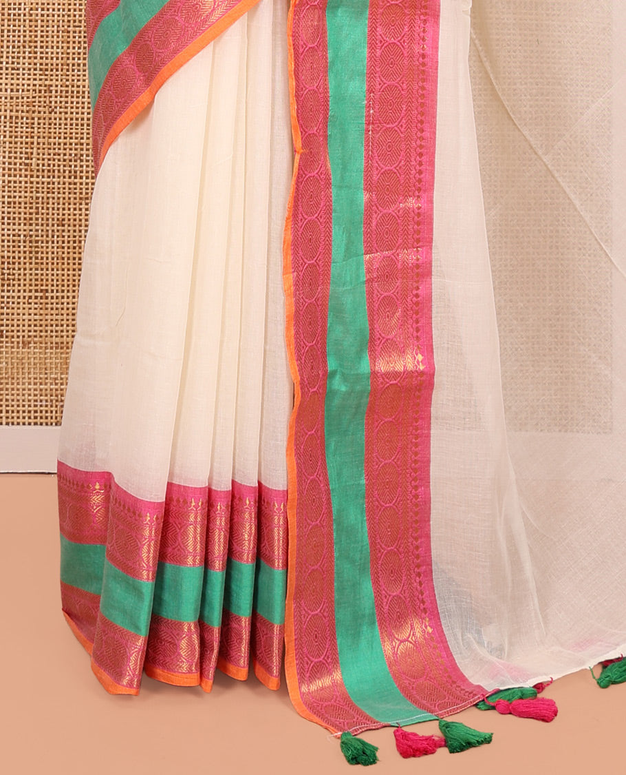 Cream Plain Khadi Mul Cotton Saree, Complemented by Contrast Traditional Zari Border, a Self-Pallu, and No Blouse