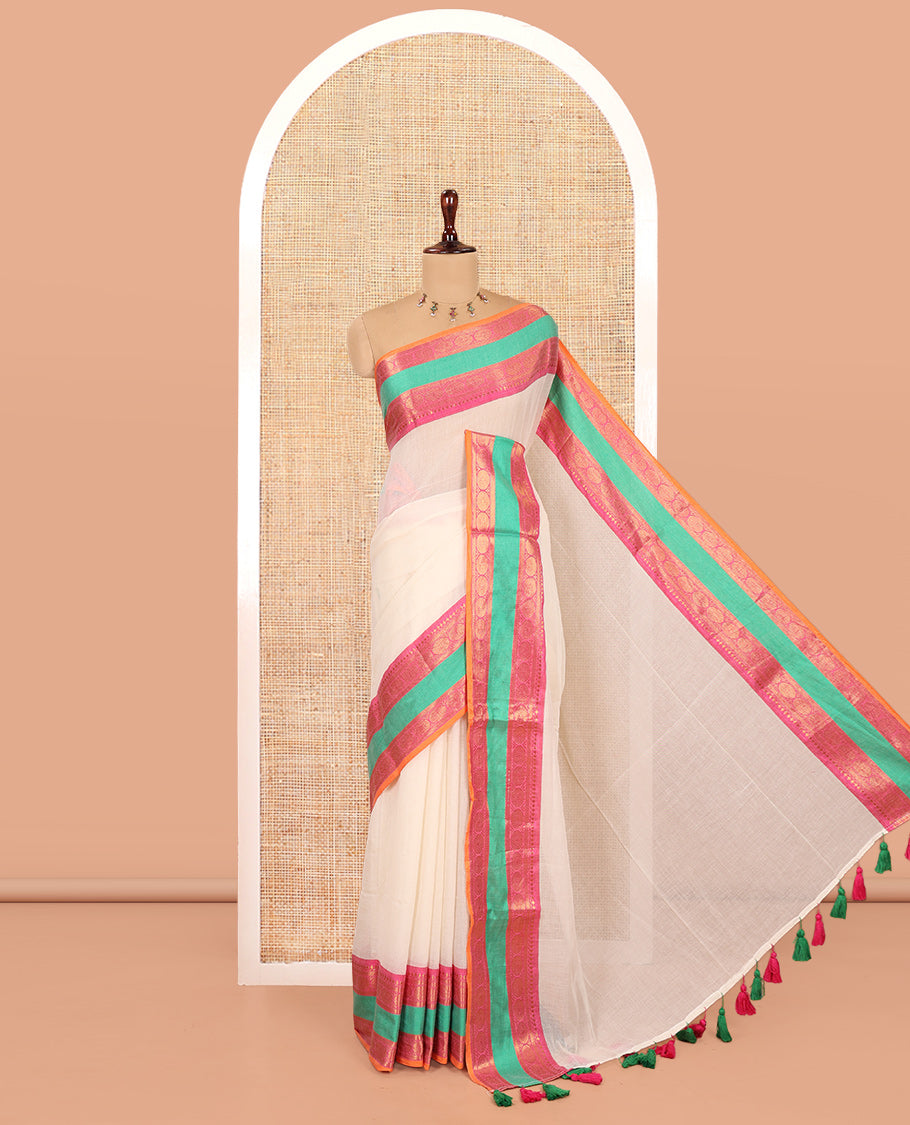 Cream Plain Khadi Mul Cotton Saree, Complemented by Contrast Traditional Zari Border, a Self-Pallu, and No Blouse