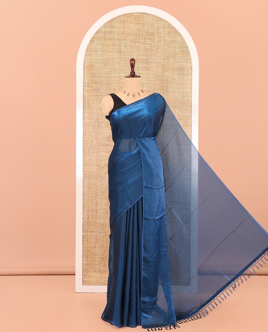 Borderless Blue Plain Fendi Chiffon Saree, a Self-Pallu, and a Matching Peacock Embroidered Blouse