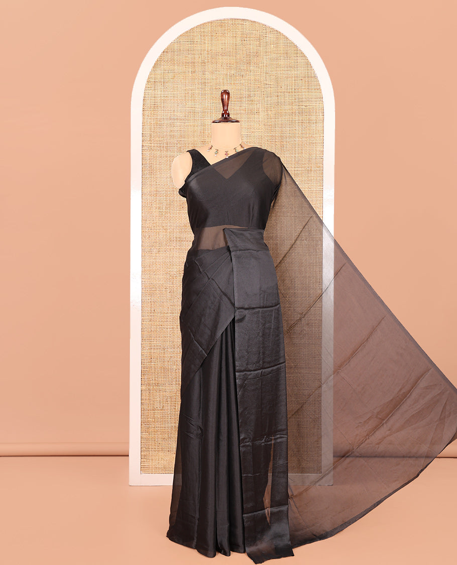 Borderless Black Plain Crushed Rangoli Chiffon Saree, Comes with a Matching Designer Blouse