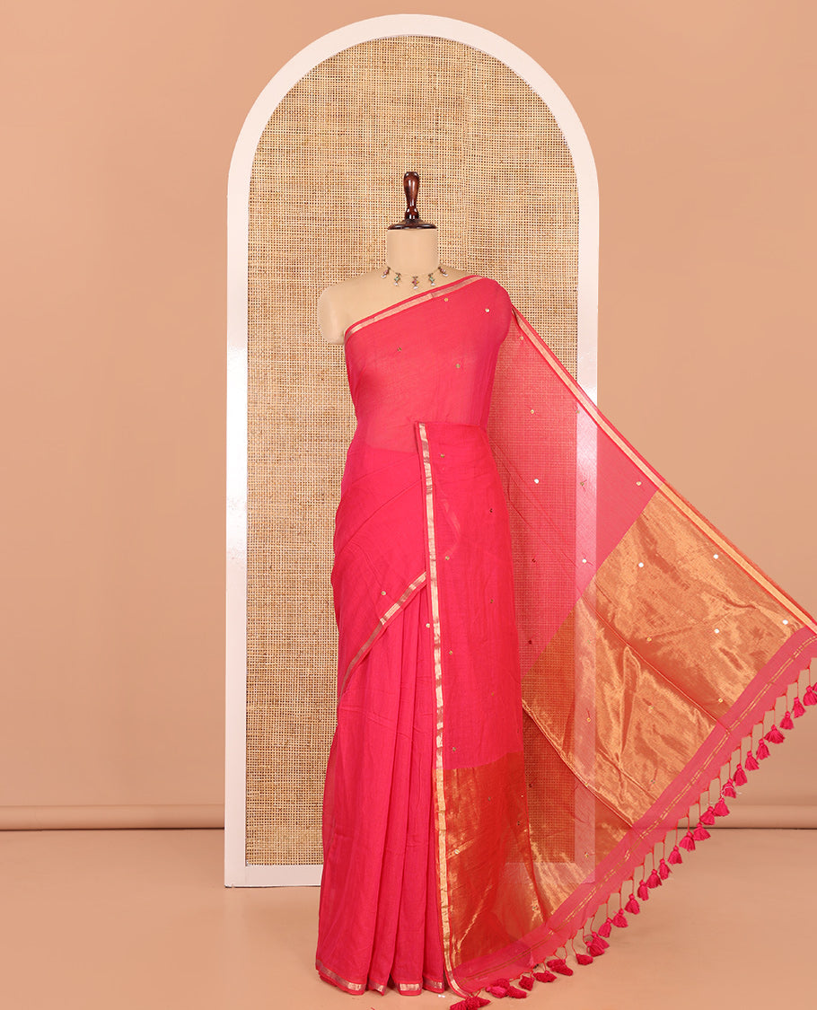 Rani Pink Khadi Mul Cotton Saree, Enthralled with Sequined Work, a Subtle Piping Border, Golden Pallu, and a Matching Blouse