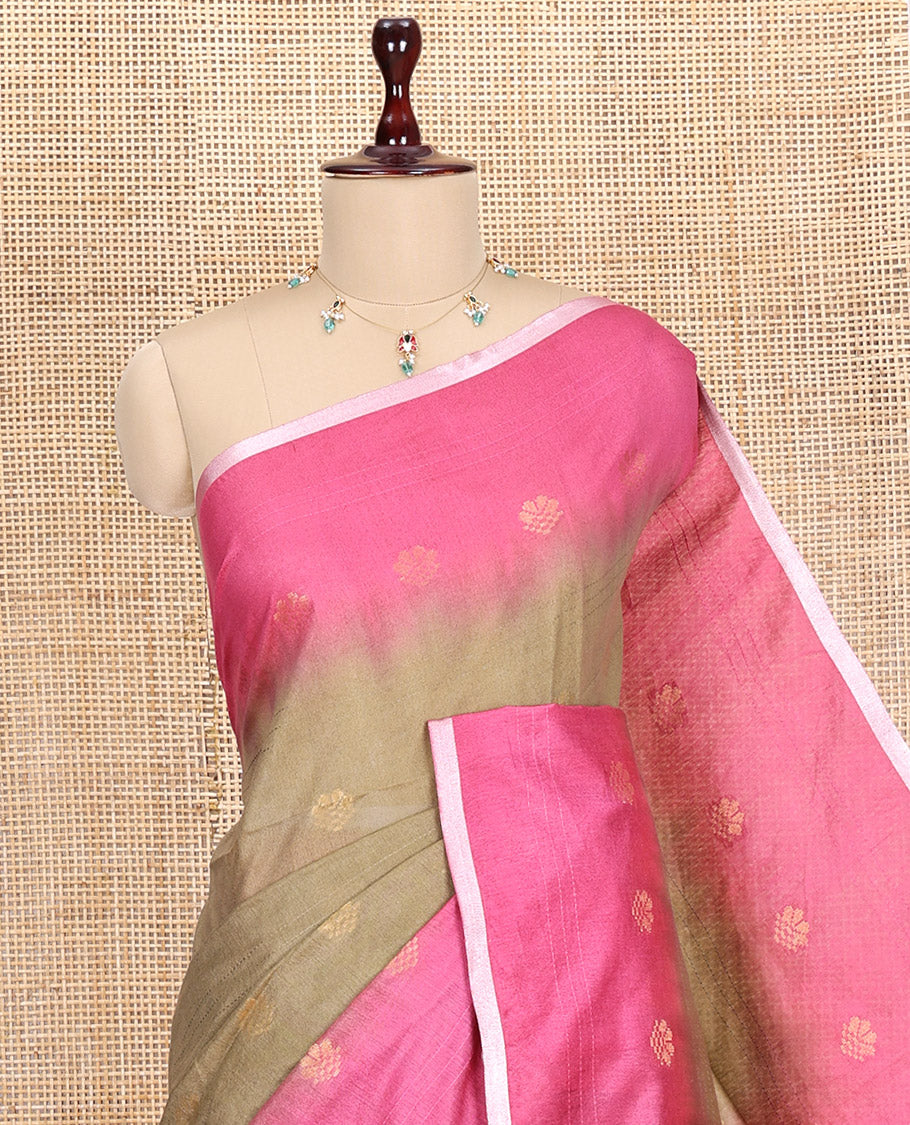 Olive Green Bhagalpur Cotton Saree, Subtly Sparkled with Buttas, a Contrast Butta Border, and a Contrast Blouse