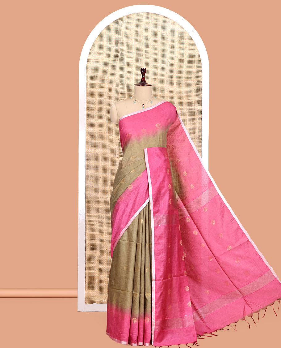 Olive Green Bhagalpur Cotton Saree, Subtly Sparkled with Buttas, a Contrast Butta Border, and a Contrast Blouse