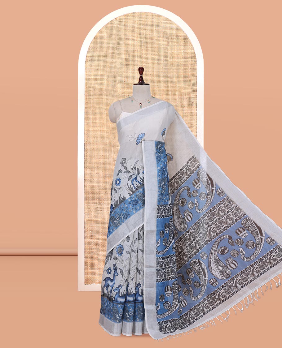 Light Chikku Linen Cotton Saree, Adorned with Flora-Fauna Print, a Zari Border, Musical Instruments Printed Pallu, and a Matching Blouse