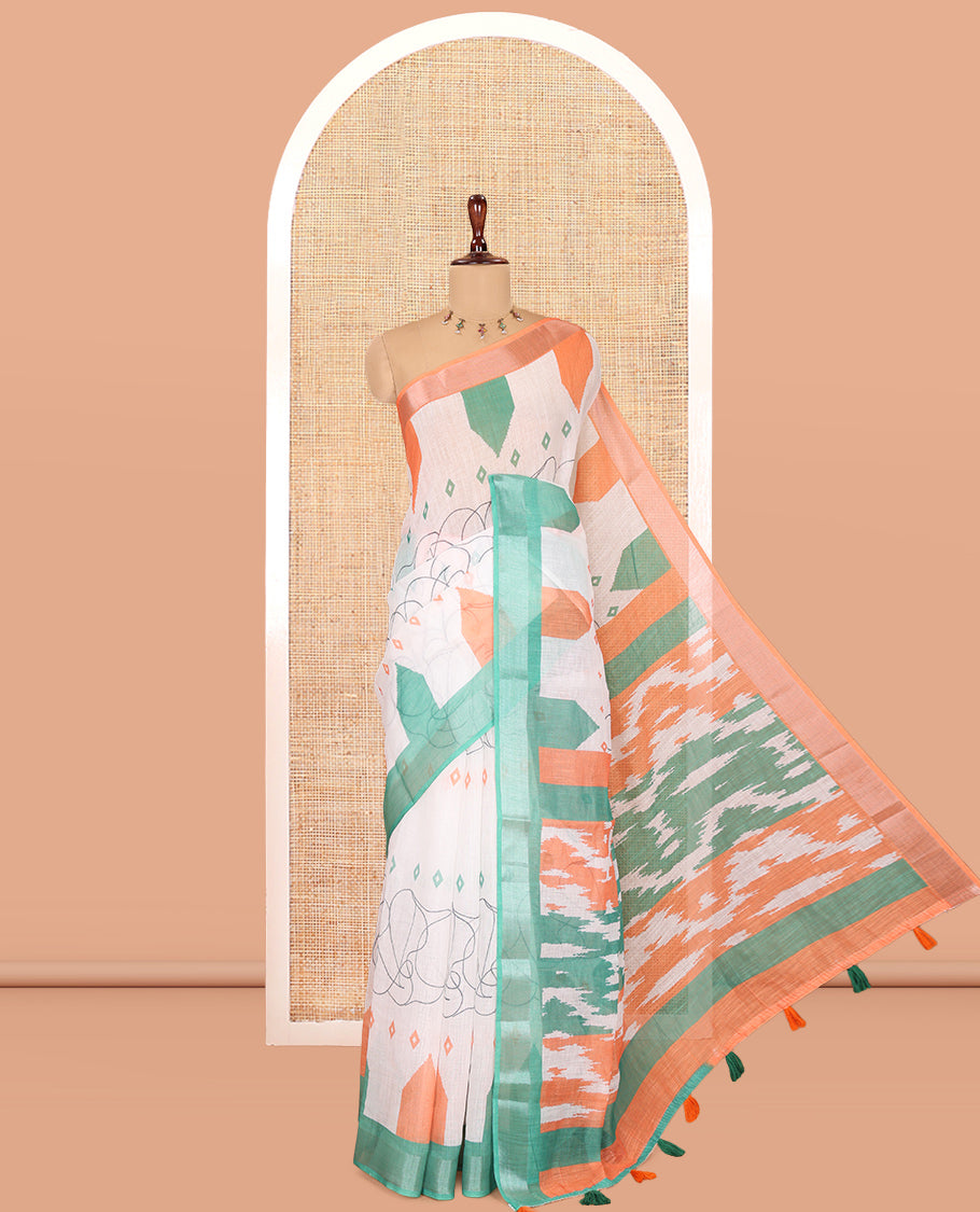 White Indian-National Flag-Themed Linen Cotton Saree, a Contrast Ganga-Jamuna Border, and Contrast Blouse