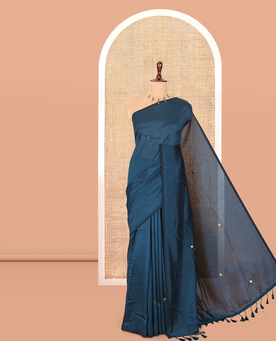 Borderless Peacock Green Vichitra Saree Features Gleaming Sequin Work, and a Matching Blouse