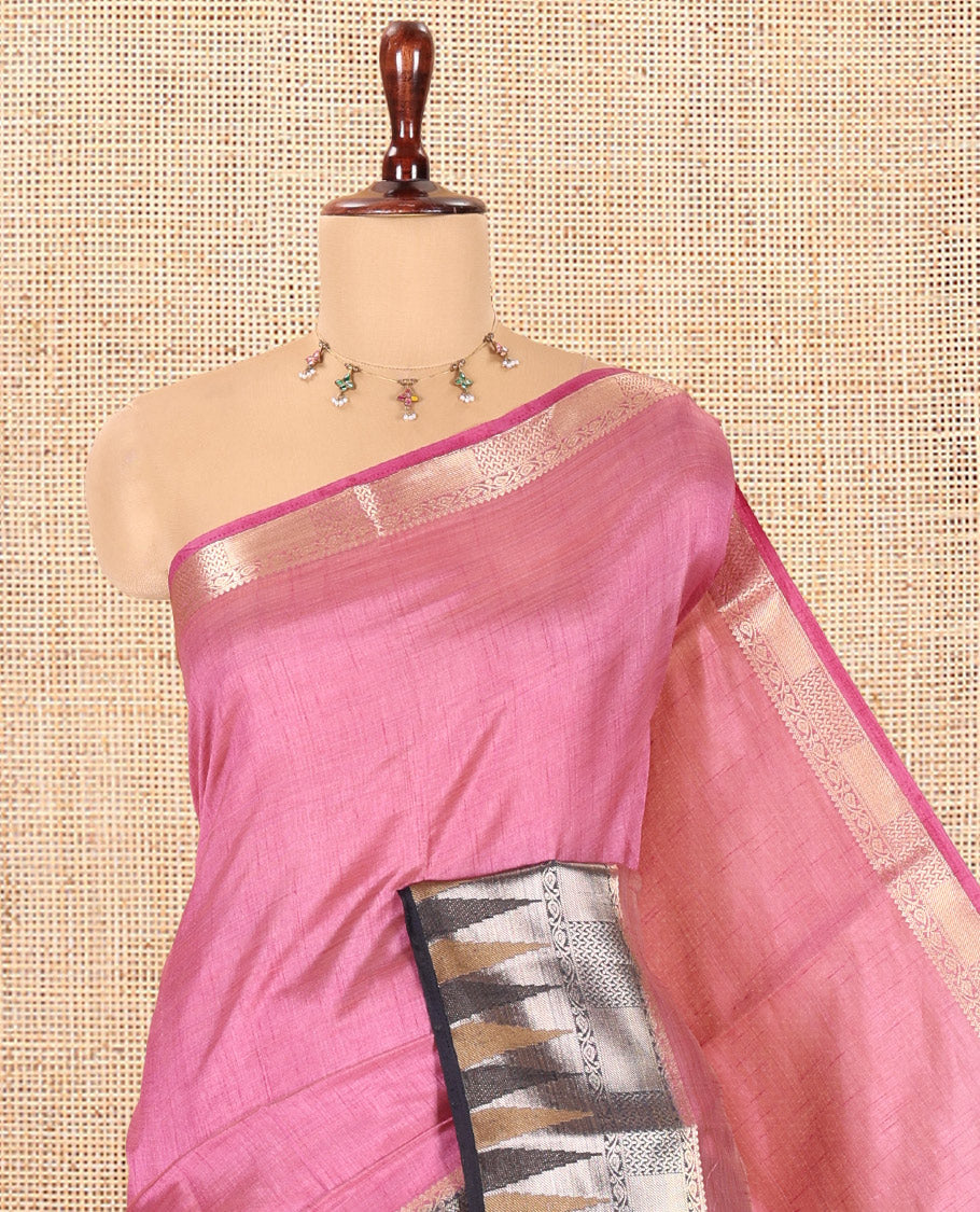 Pink Plain Semi-Tussar Saree, Contrast Traditional Temple Border, Striped Pallu, Contrast Blouse