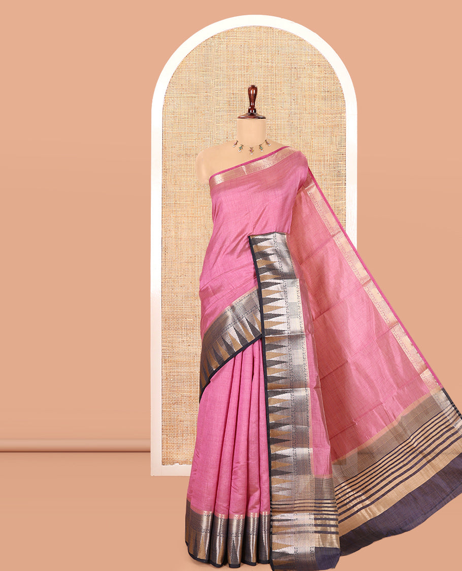 Pink Plain Semi-Tussar Saree, Contrast Traditional Temple Border, Striped Pallu, Contrast Blouse