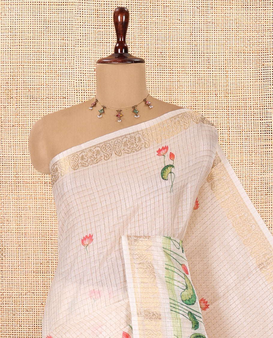 Cream Checked Semi-Tussar Saree Features Pichwai Lotus, a Zari Border, and a Matching Blouse