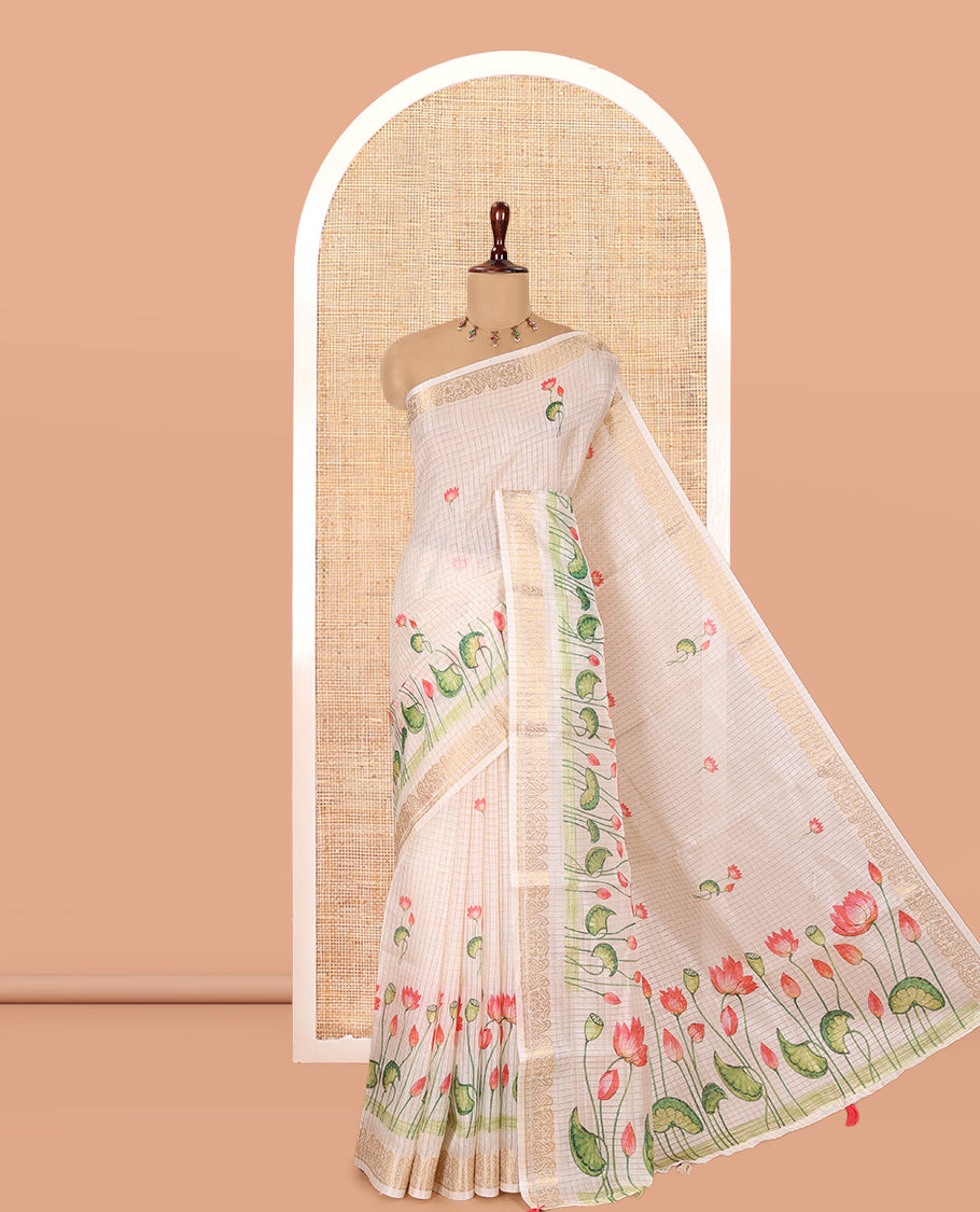 Cream Checked Semi-Tussar Saree Features Pichwai Lotus, a Zari Border, and a Matching Blouse