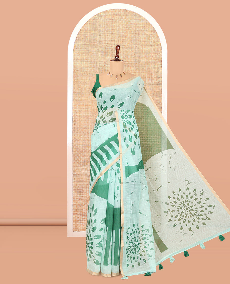 Borderless Rama Green Linen Cotton Saree, Elevated with Geometric-Abstract Print and a Contrast Blouse