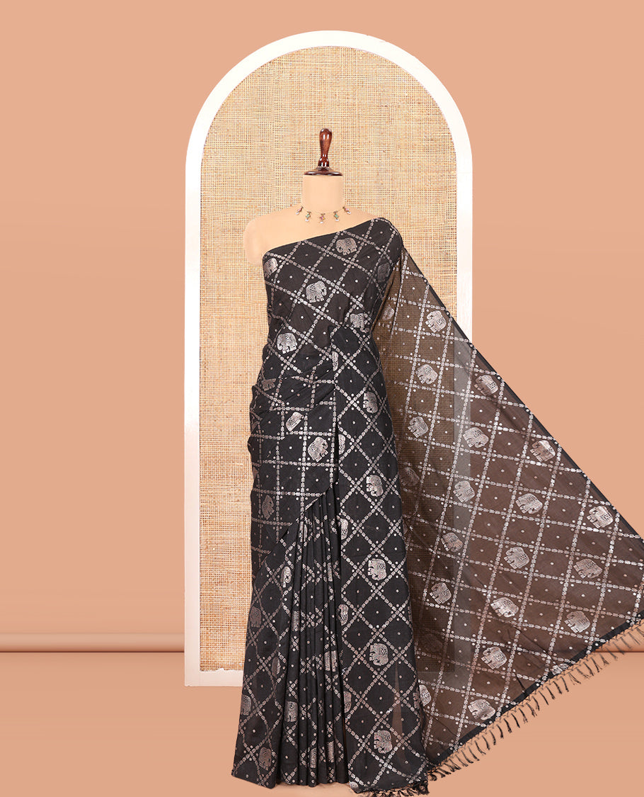 Borderless Black Vichitra Silk Saree Features Elephant Butta Enclosed Jaal Design, a Self-Pallu, and No Blouse