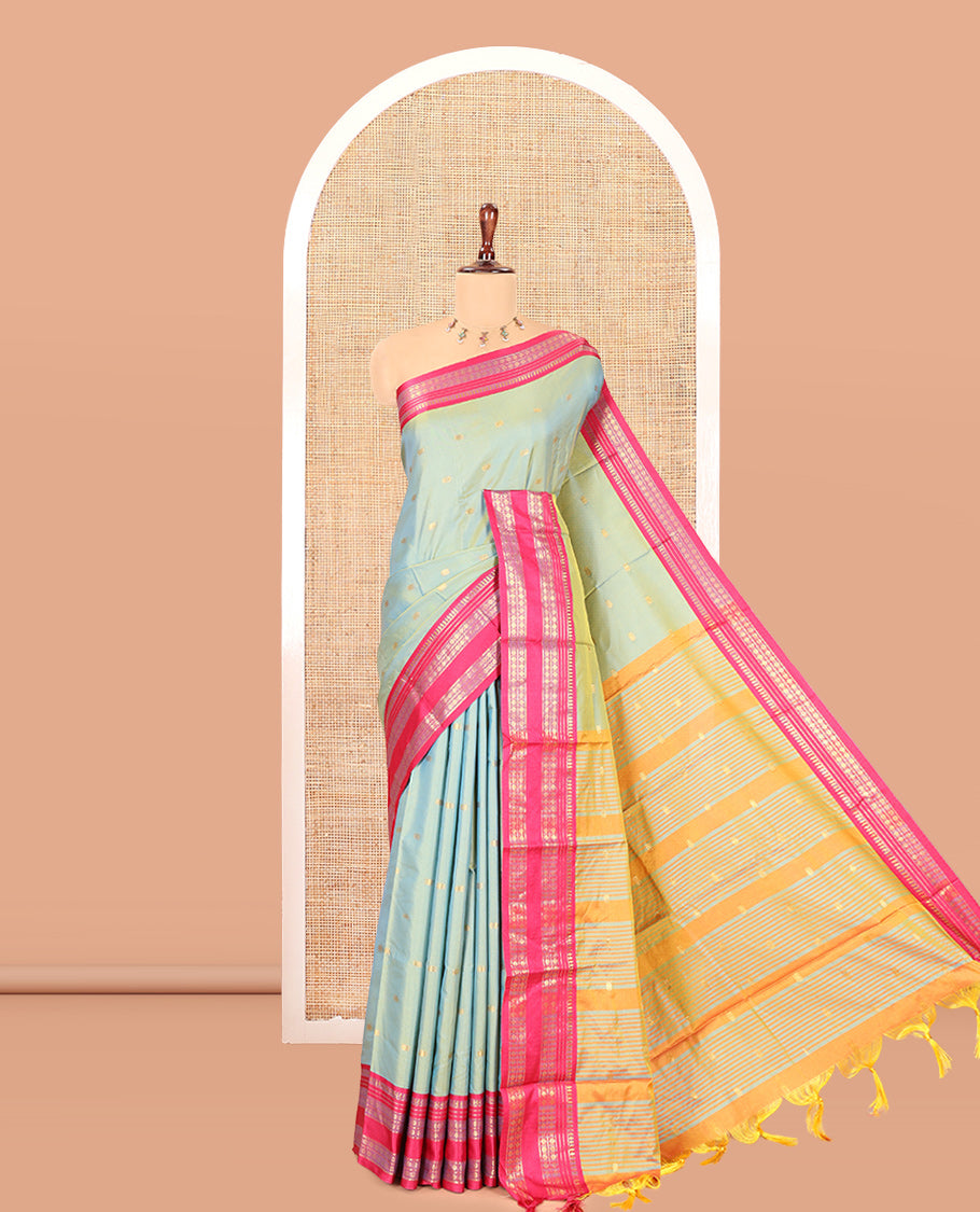 Rama Softy Silk Saree, Adorned with Zari Buttas, a Contrast Traditional Zari Border, and a Matching Blouse