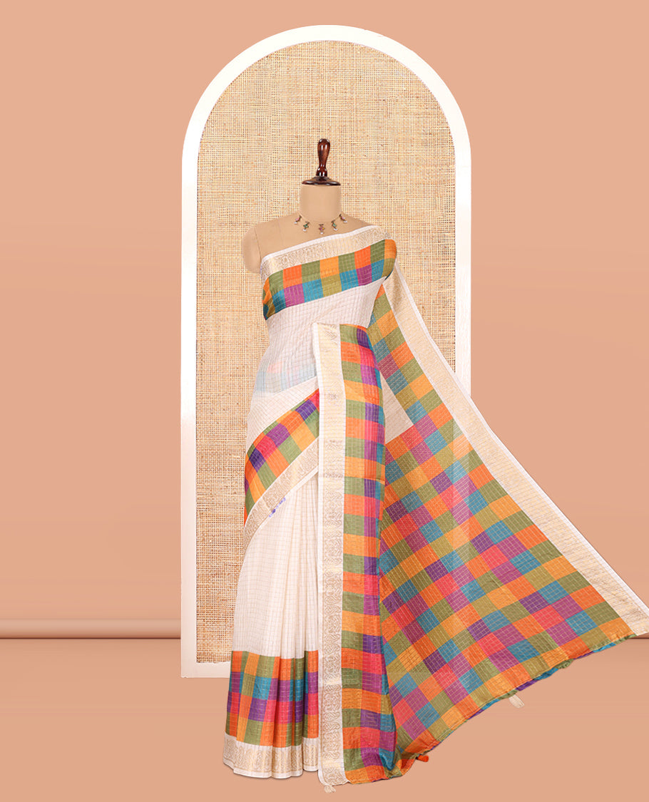 Cream-Green Checked Semi-Tussar Saree, a Contrast Madras-Checked Border, a Contrast Blouse