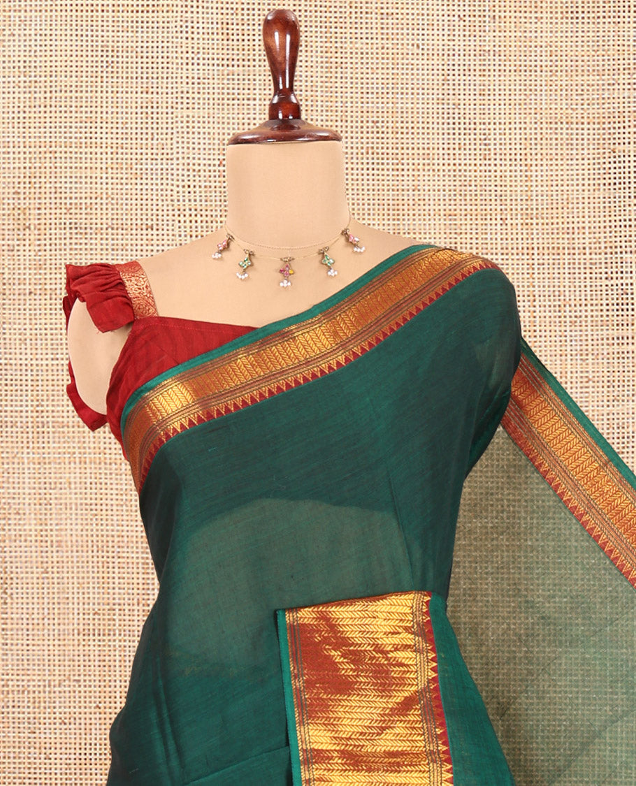Green Plain Mercerised Cotton Saree, a Contrast Traditional Zari Border, Striped Pallu and a Matching Blouse