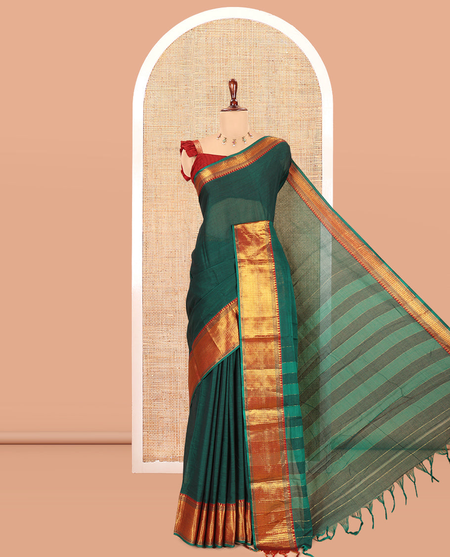 Green Plain Mercerised Cotton Saree, a Contrast Traditional Zari Border, Striped Pallu and a Matching Blouse