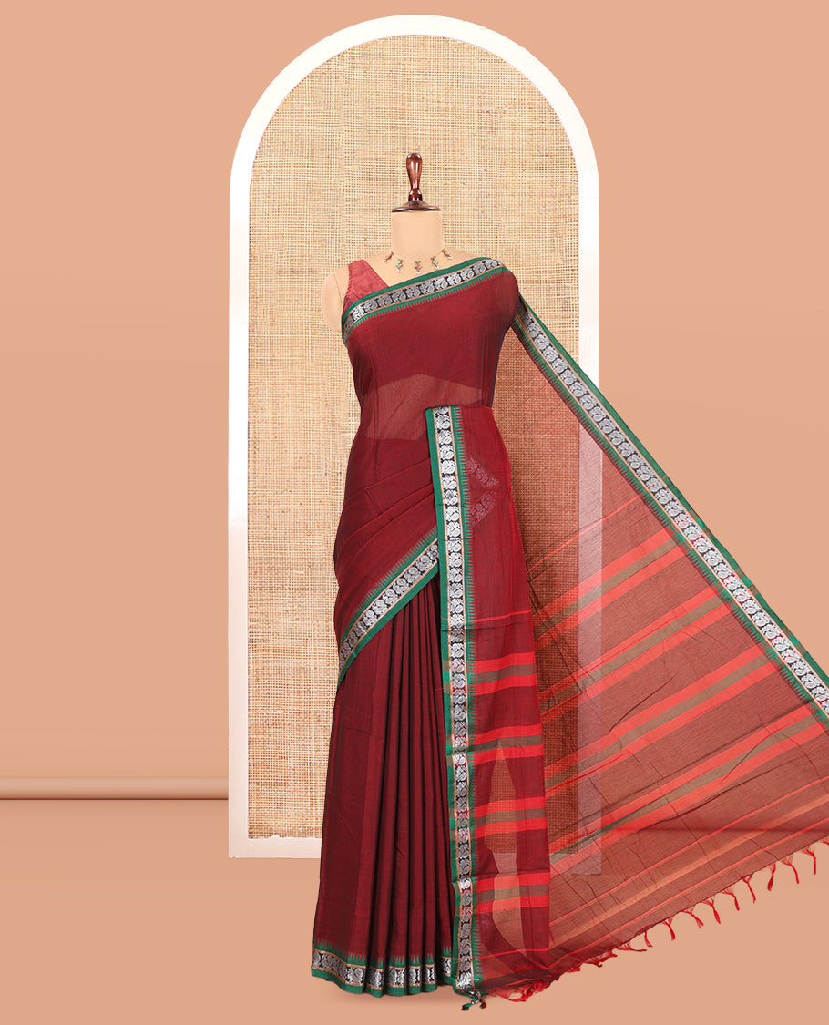 Maroon Plain Mercerized Cotton Saree, a Contrast Peacock Temple Thread Border, Striped Pallu, and a Matching Blouse