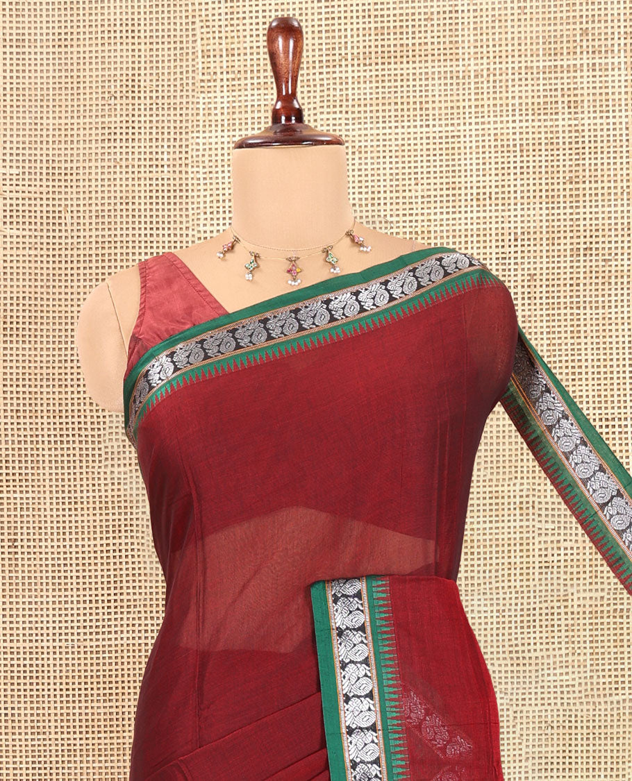 Maroon Plain Mercerized Cotton Saree, a Contrast Peacock Temple Thread Border, Striped Pallu, and a Matching Blouse