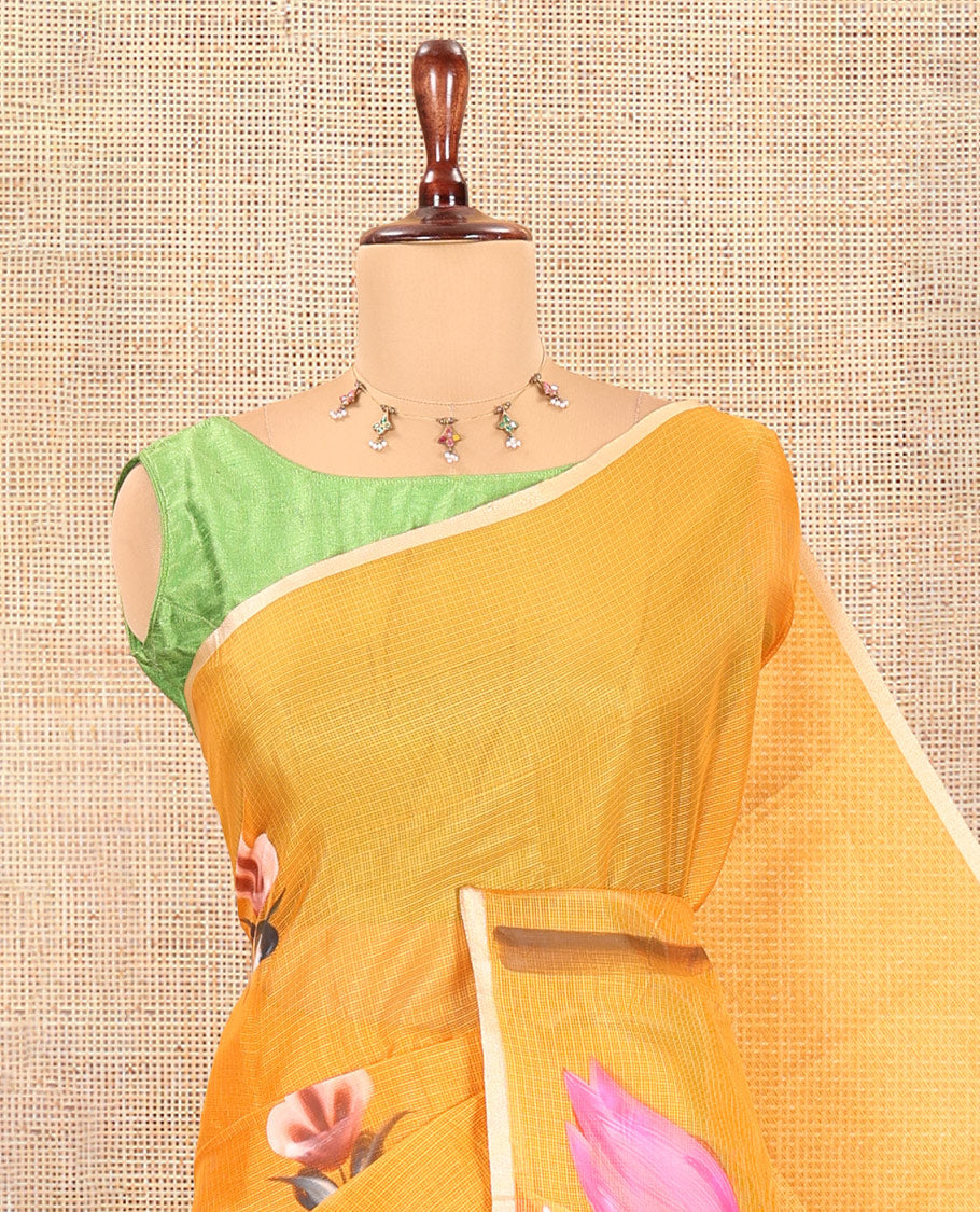 Mustard Kota Doria Saree Features Flora-Flamingo Hand-Brush Print, a Piping Border, Matching Blouse