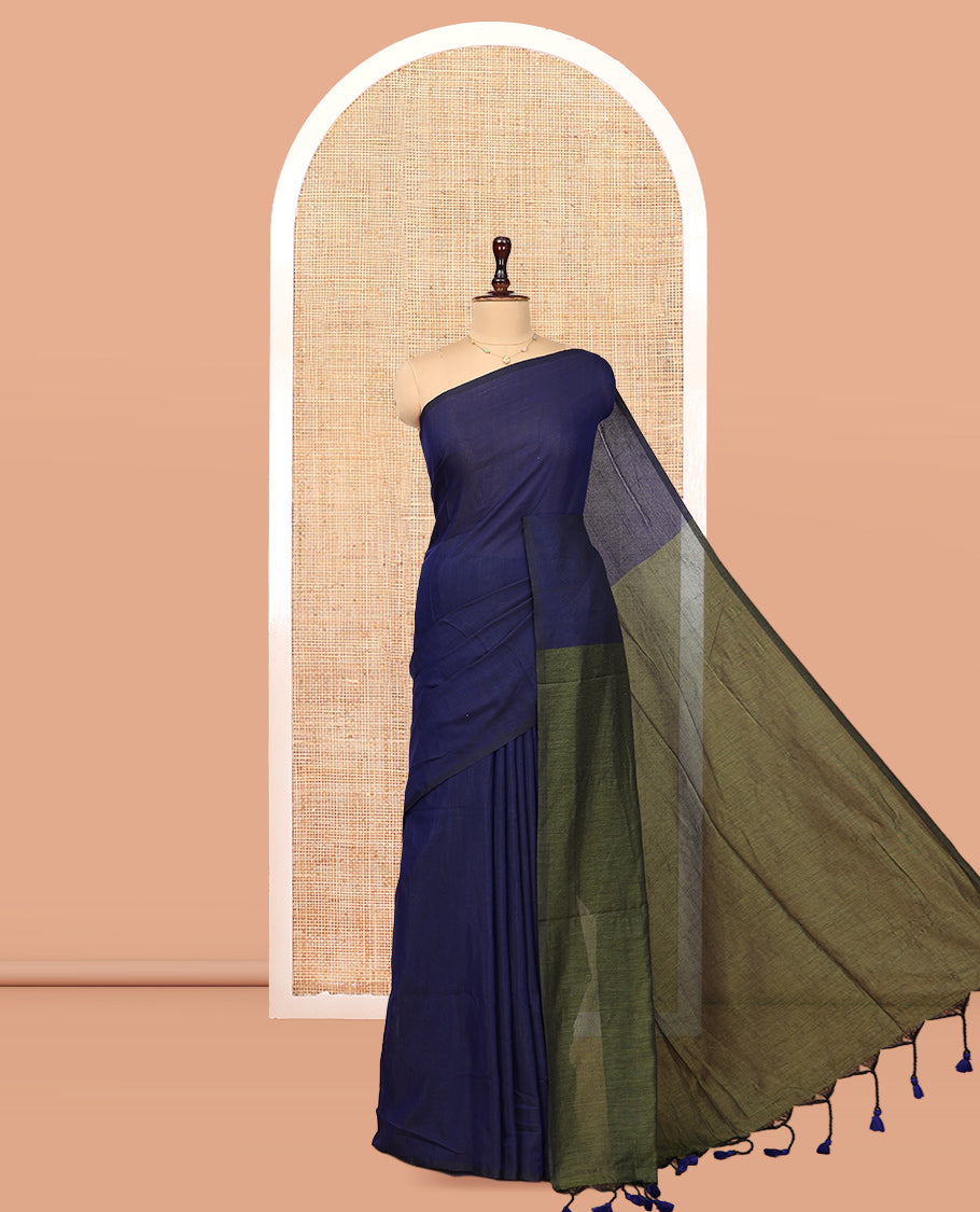 Borderless Royal Blue-Green Plain Design Khadi Cotton Saree
