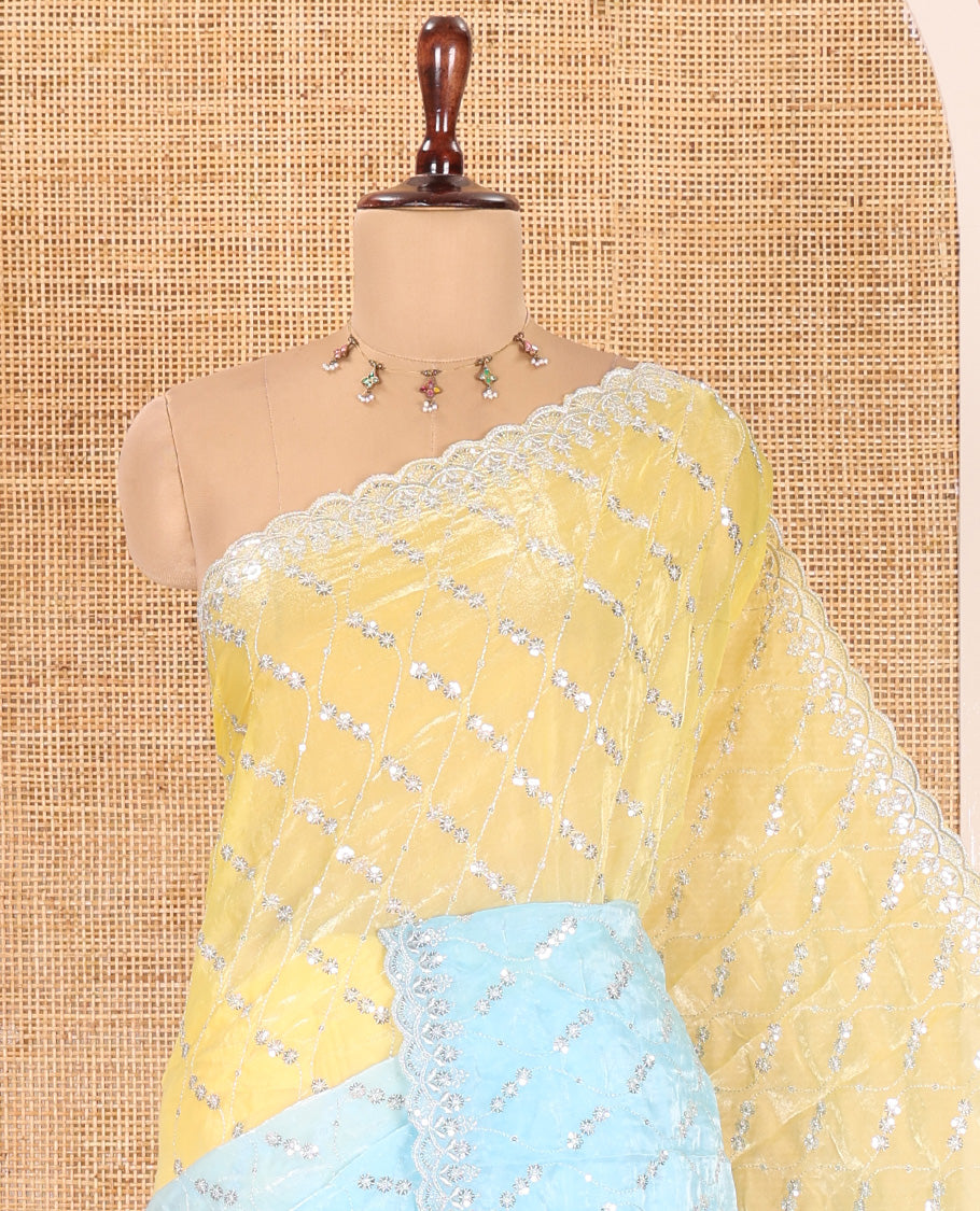 Yellow-Blue Fendy Chiffon Saree