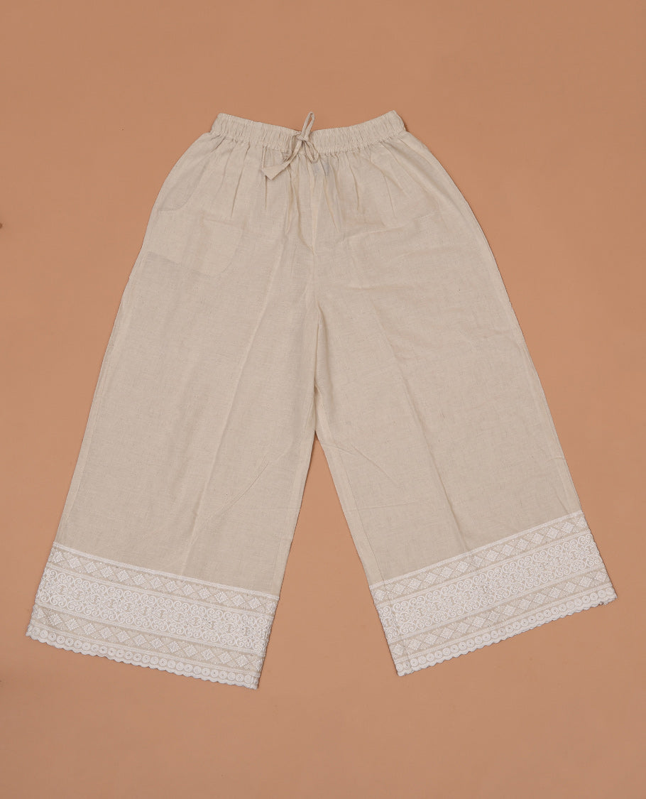 Chikku diamond-floral motifs thread and sequins embroidered khadi mul cotton palazzo pants