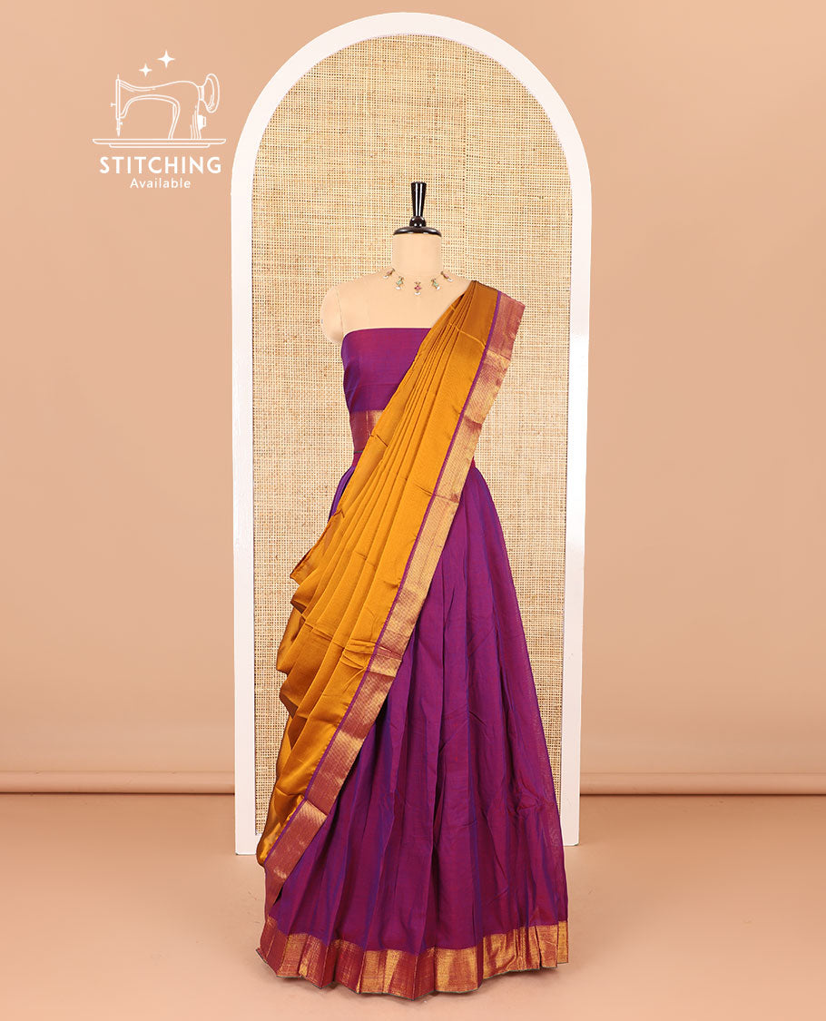 Purple half-saree, plain with contrast traditional zari border skirt, matching zari bordered blouse, and contrast plain zari border dhavani