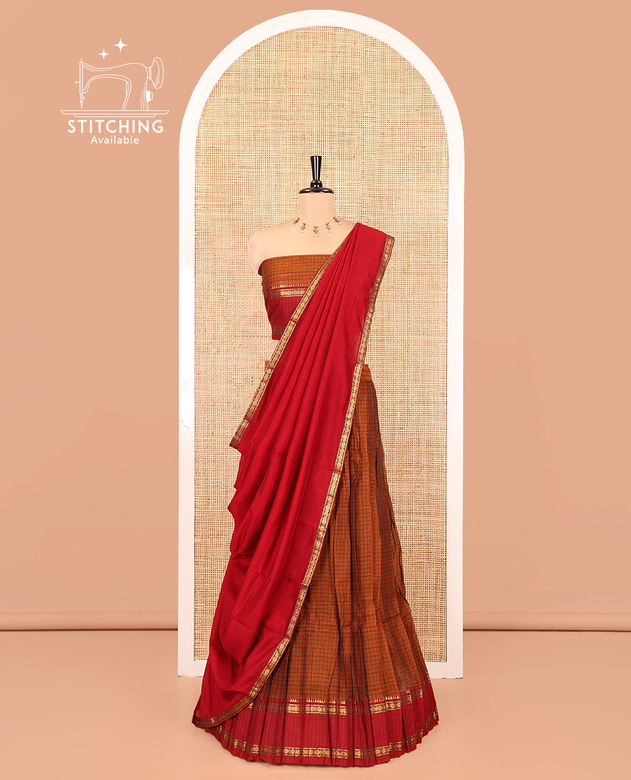 Rust-Red Mercerised Cotton Saree Features a Checked Skirt, Contrast Temple-Rudraksham Rettai Pettu Border, a Matching Blouse, and Contrast Vichitra Silk Dhavani