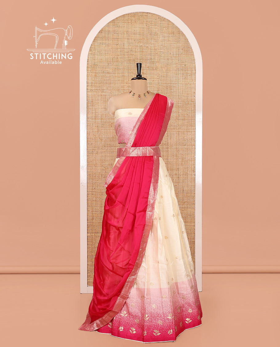 Cream-Rani Pink Semi-Silk Half-Saree Featuring Buttas Skirt, Contrast Floral Border, Matching Blouse, Contrast Syska Georgette Dhavani