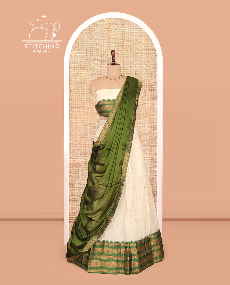 Sandal-Green Banaras Kota Half-Saree, Zari Buttas Skirt, Contrast Traditional Border, Matching Blouse, Contrast Dhavani