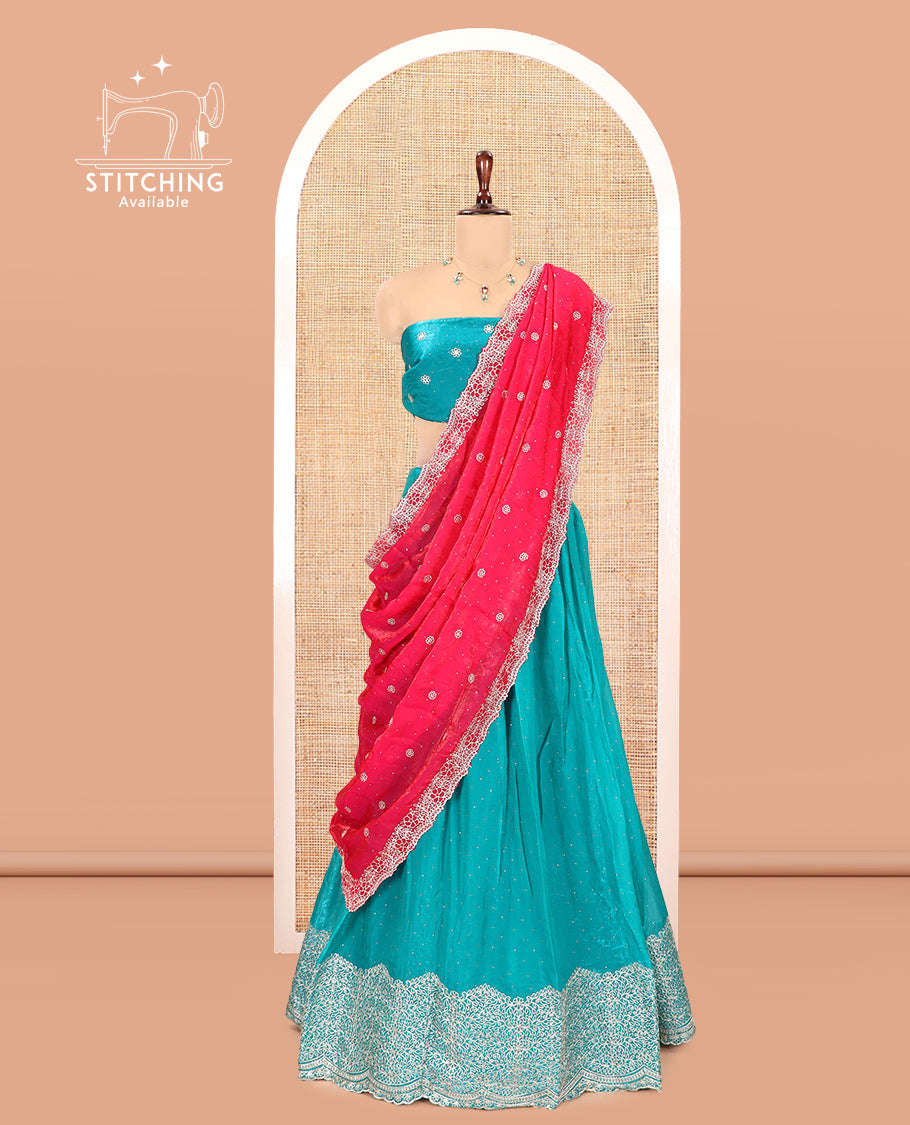 Rama Blue Velvet Organza Half-Saree with Glitter Work Skirt, Embroidered Border, a Matching Blouse, and Contrast Embroidered Dhavani