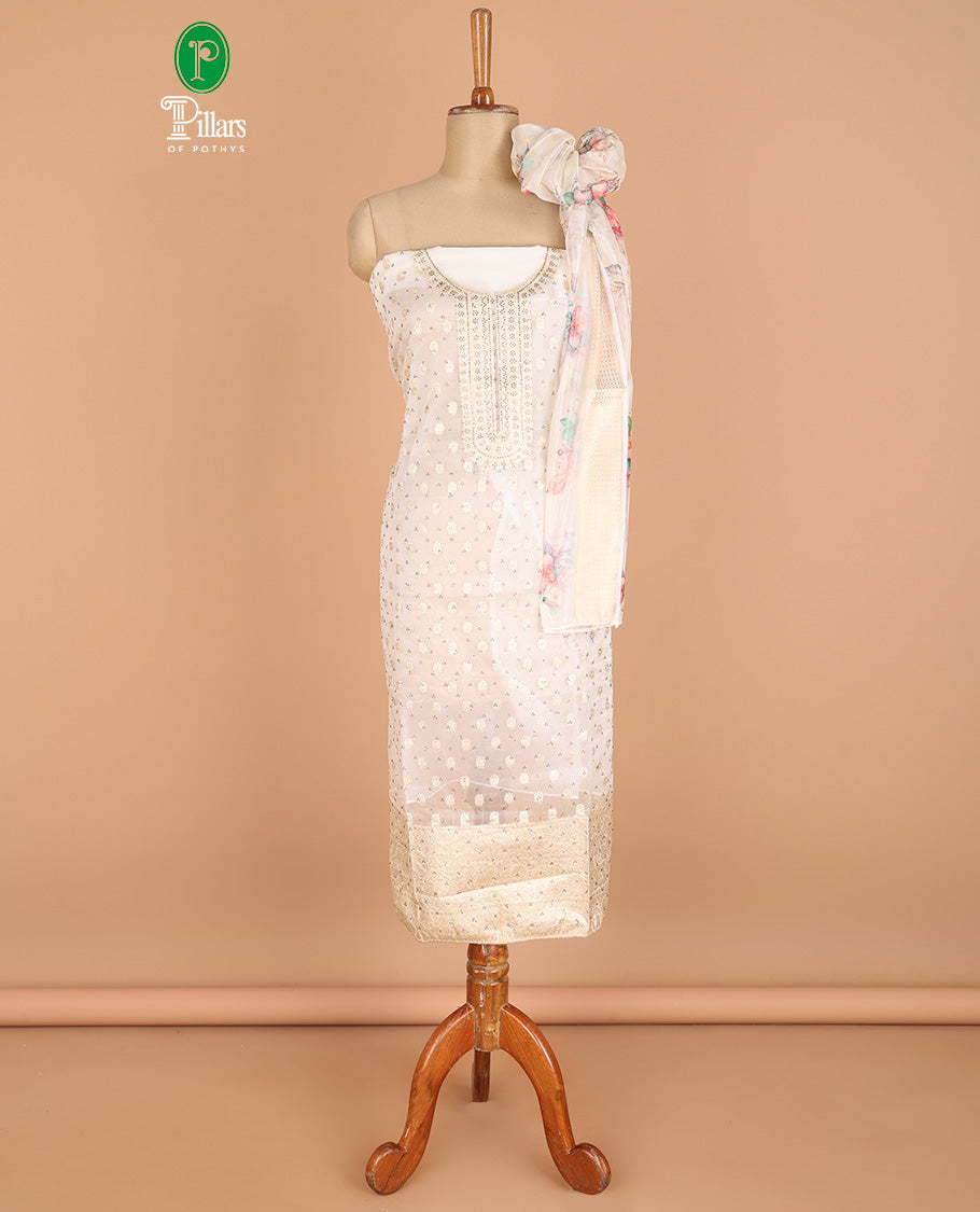 Cream chudidhar material organza zari weaving butta design top with cotton pants & organza digital floral print with zari dupatta