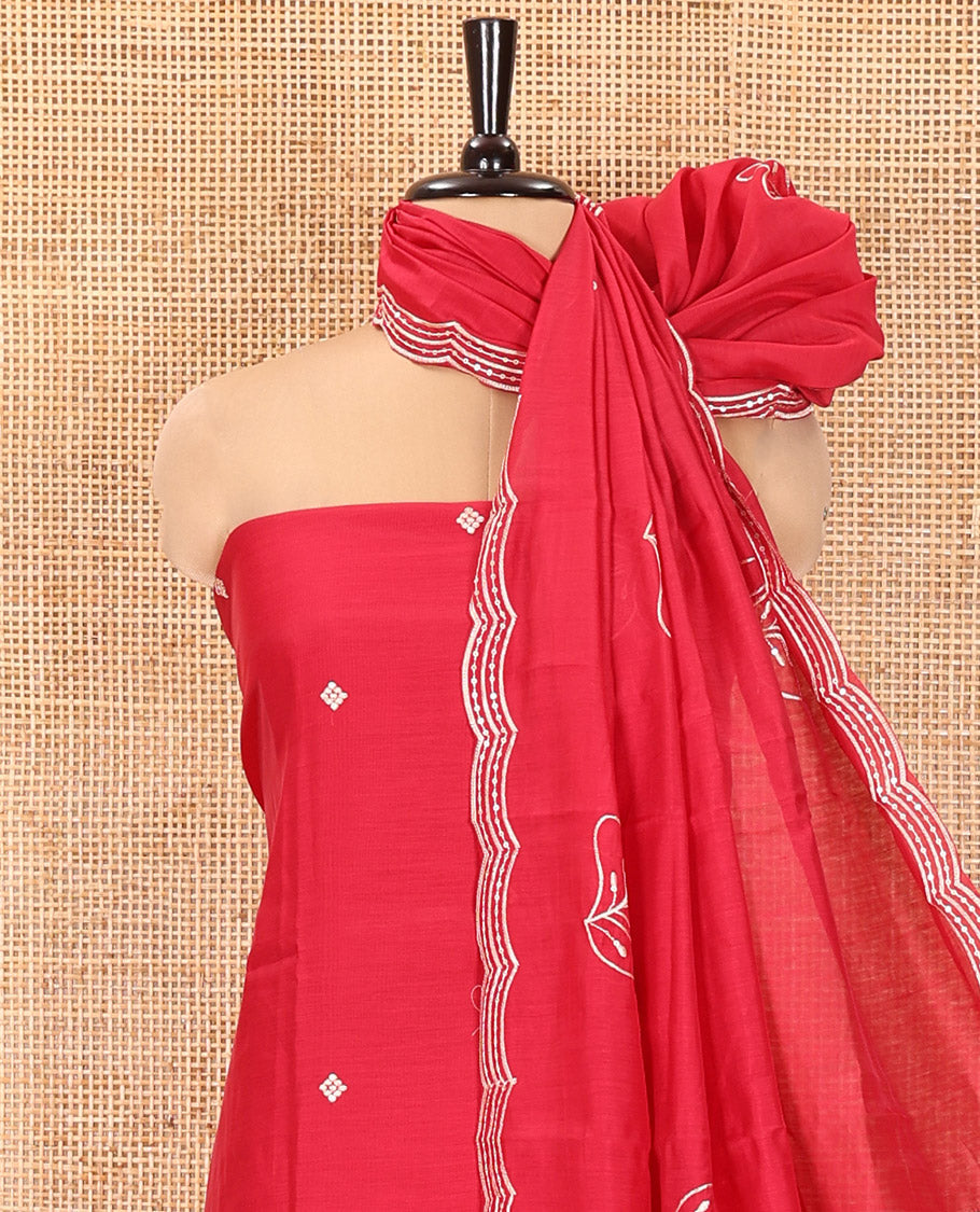 Maroon Mul Chanderi Designer Material Chudidar Set, Meticulously Woven with Big Floral Motifs Embroidered On Its Top, A Plain Santoon Bottom, and Paired with a Mul Chanderi Scallop Thread Embroidered Dupatta