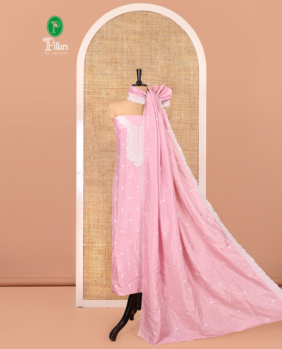 Pink Material Chudidar Set, Delicately Woven with Thread Embroidered Motifs Woven on Mul Chanderi Top, a Mul Chanderi Bottom, Paired with Thread-Embroidered Mul Chanderi Scallop-Bordered Dupatta