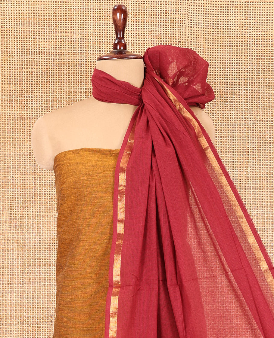 Mustard Handloom Cotton Material Chudidar, Plain and Contrast Traditional Zari-Bordered Top, a Contrast Plain Bottom, and Contrast Dupatta