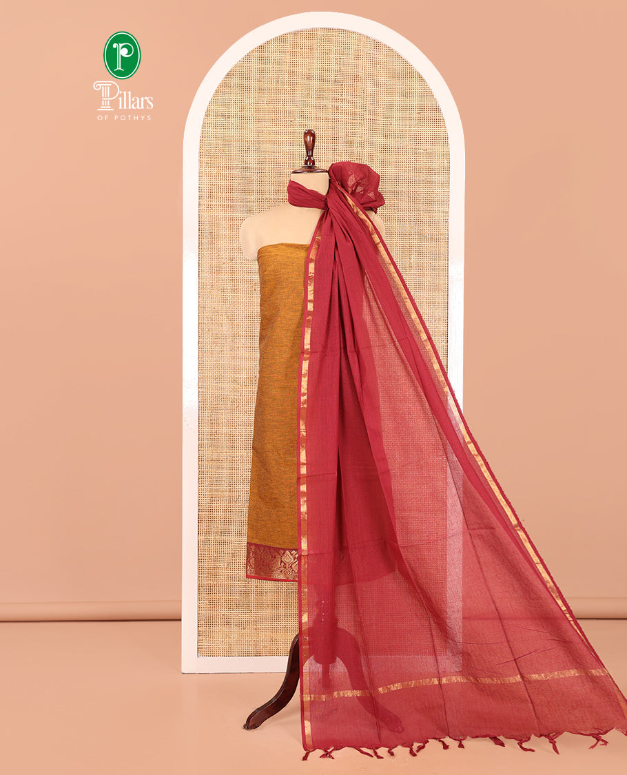 Mustard Handloom Cotton Material Chudidar, Plain and Contrast Traditional Zari-Bordered Top, a Contrast Plain Bottom, and Contrast Dupatta