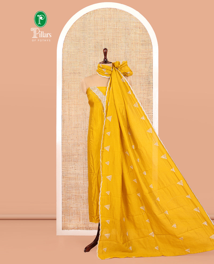 Yellow Vichitra Silk Material Chudidar Features a V-Neck Thread-Sequined Top, a Plain Bottom, Matching Thread-Sequined Dupatta
