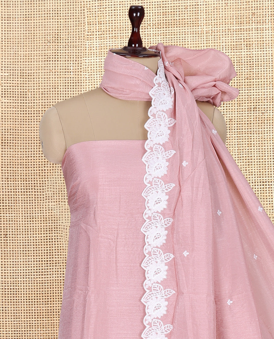 Peach Mul Chanderi Material Churidar with Delicate Floral Embroidered Top, a Plain Bottom, and Scallop Embroidered Dupatta