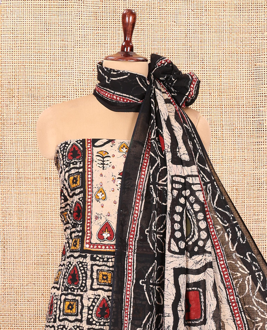 Black-Red Mul Cotton Material Chudidar, Batik Printed Top, a Contrast Bottom, and Batik Print Dupatta