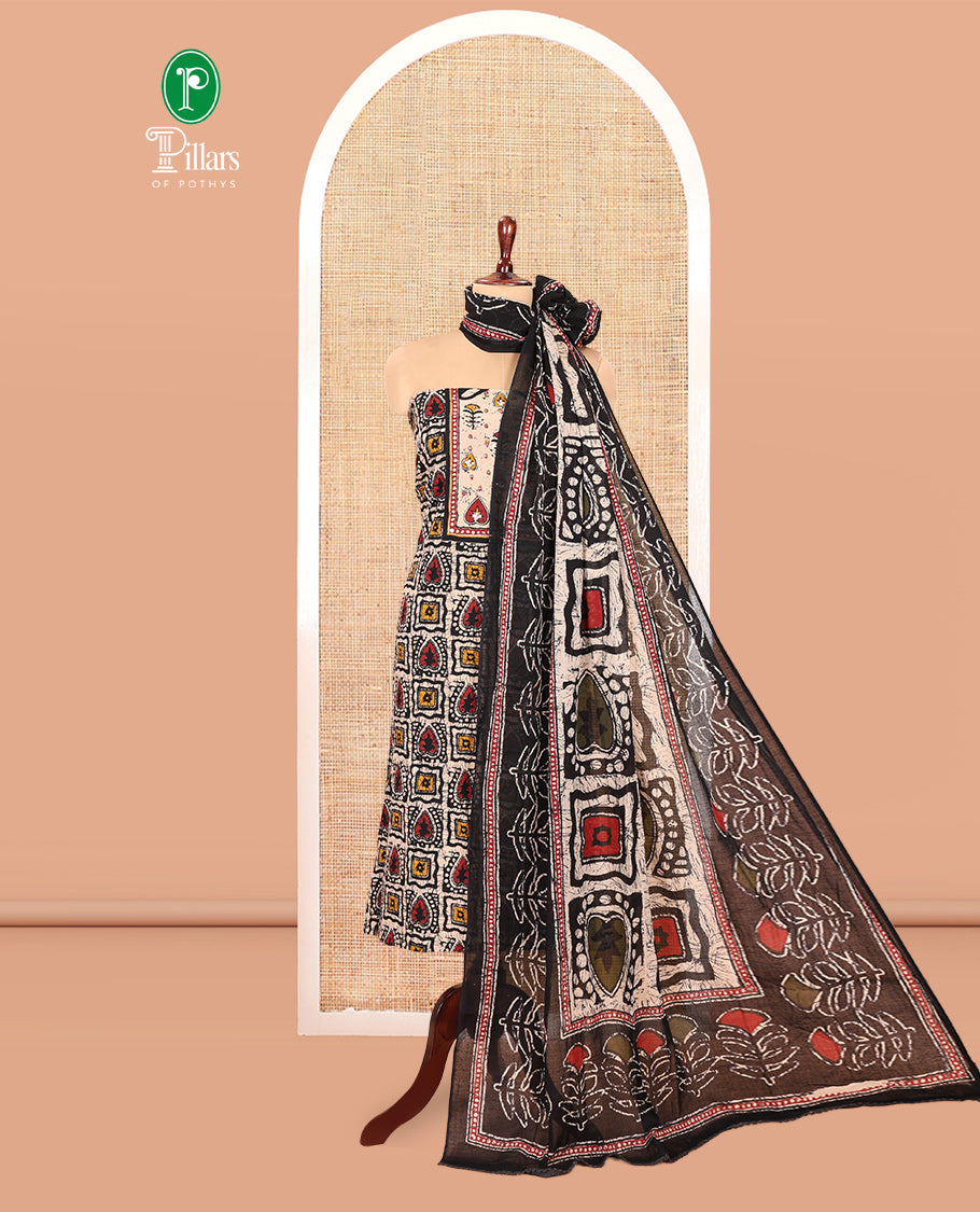 Black-Red Mul Cotton Material Chudidar, Batik Printed Top, a Contrast Bottom, and Batik Print Dupatta