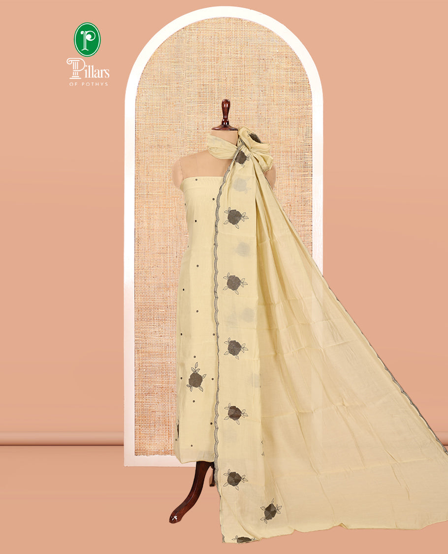 Dusky Green Mul Chanderi Material Chudiddar, Floral Embroidered Top, Plain Bottom, Scallop Embroidered Dupatta