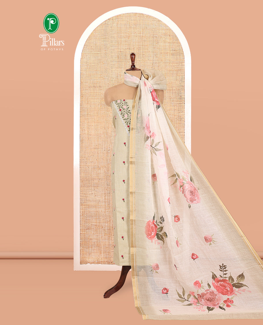 Lite Elachi Green Linen Cotton Material Chudidar,embroidered V-Neck Top,cotton Bottom, Floral Dupatta