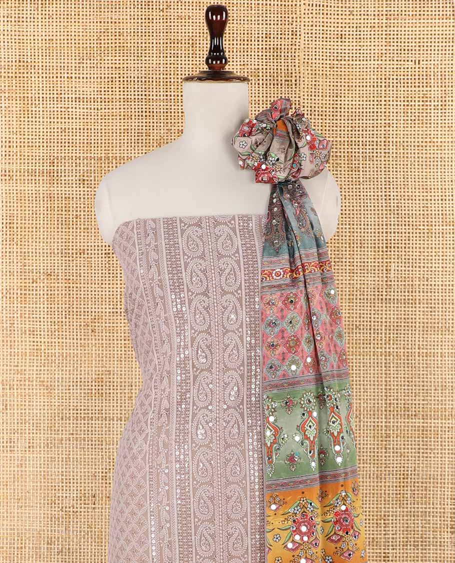 shifli lucknowi embroidery mango design georgette chudidhar material top with american crepe pant & floral digital print, sequins embroider dupatta