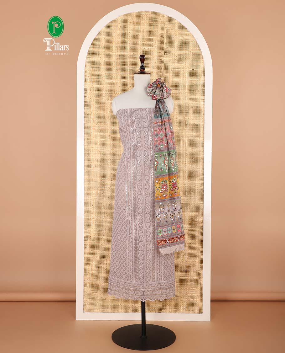 shifli lucknowi embroidery mango design georgette chudidhar material top with american crepe pant & floral digital print, sequins embroider dupatta