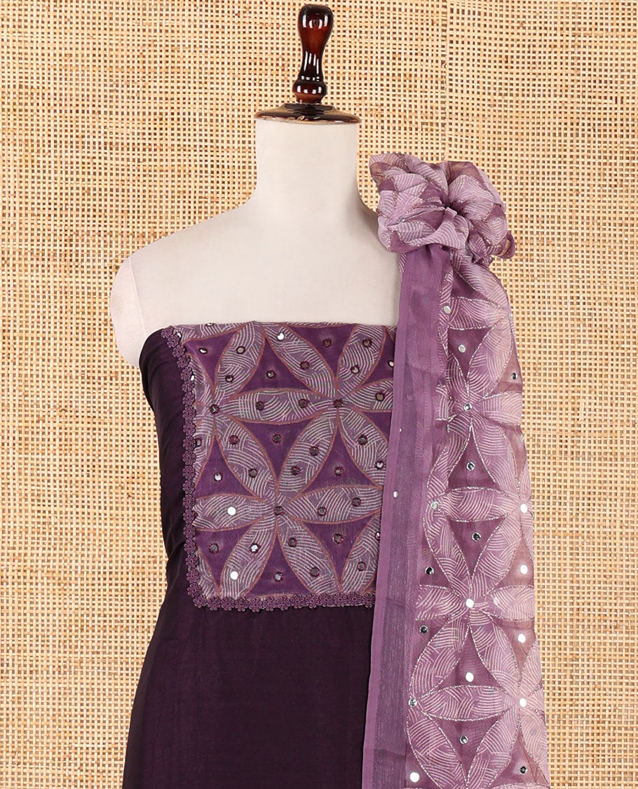 Purple material chudidar, brasso floral print & mirrorwork vichitra silk top, santoon bottom & shimmer georgette dupatta of floral print & mirrorwork