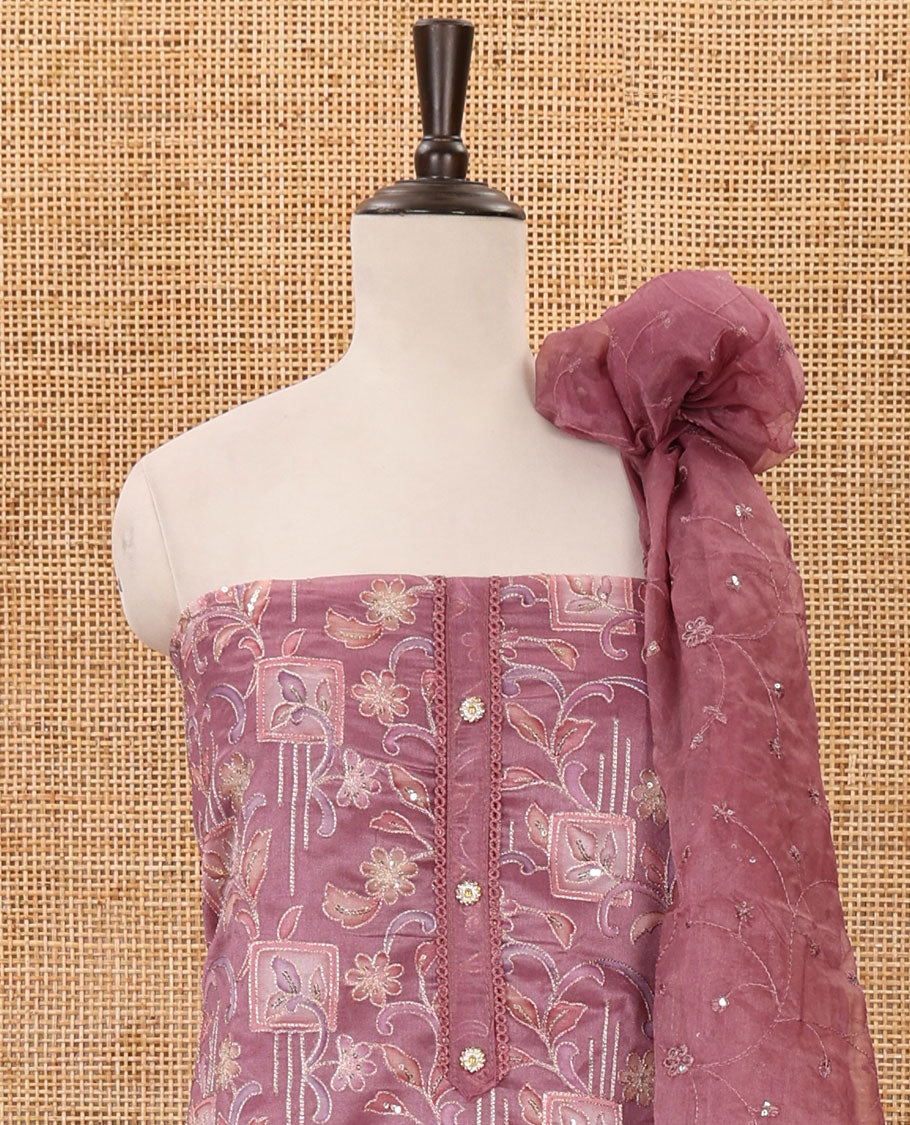 Onion pink material chudidar set,floral-geometric print & outline embroidery organza top,plain bottom & floral vine sequins embroidery dupatta