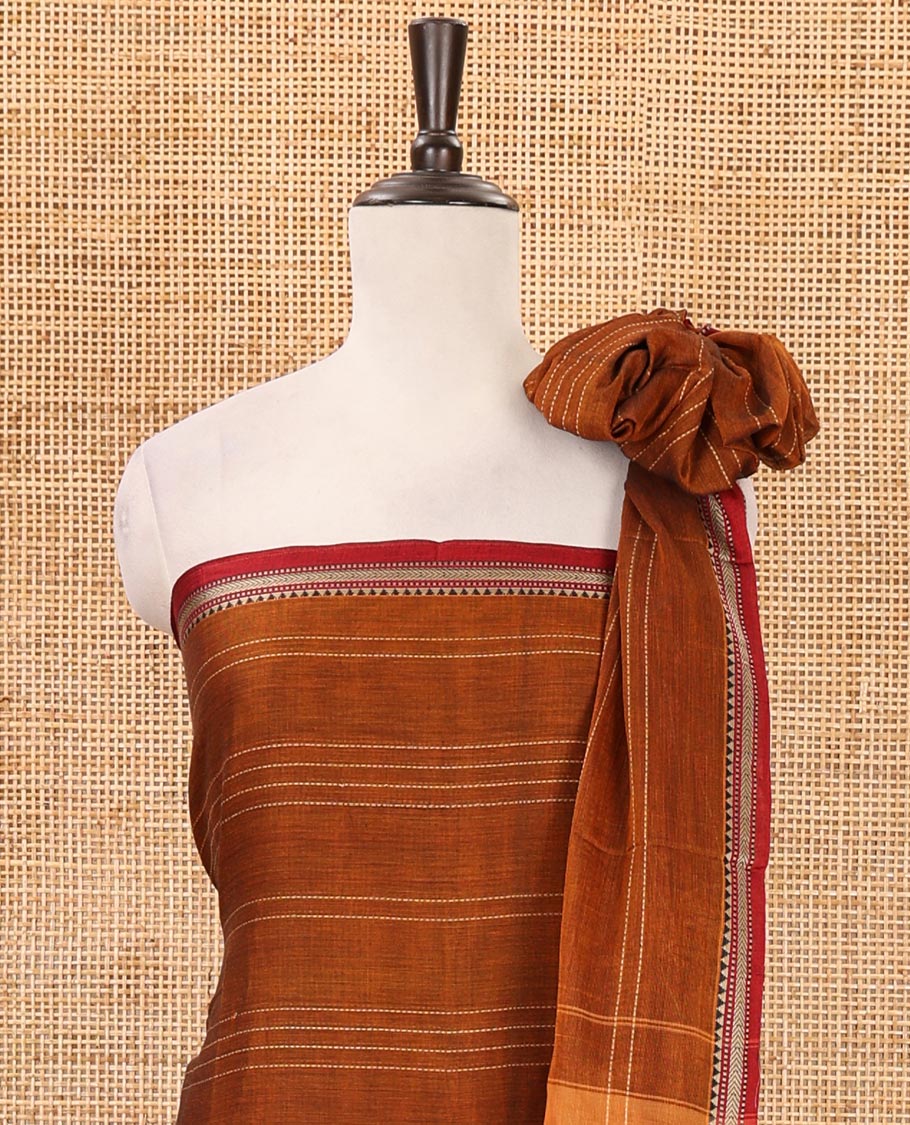 Mustard mercerized cotton material chudidar set,vertical striped contrast border top, matching threadwork bottom & traditional border matching dupatta